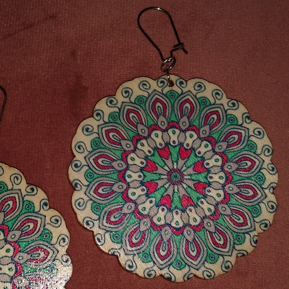 Big Flower Mandala Boho Wood Floral Festival Earrings Pink Turquoise Bohemian - Picture 5 of 8